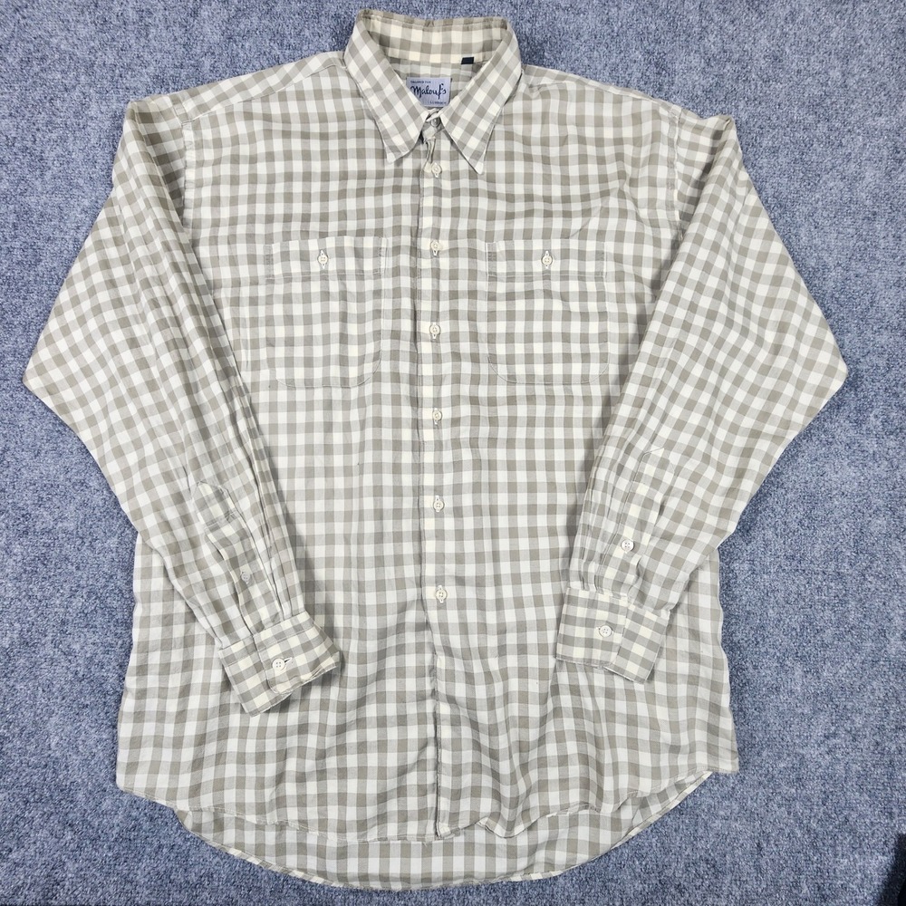 Maloufs Lubbock Mens 16.5 L Gingham Check Button Down Shirt Tan White Cotton USA